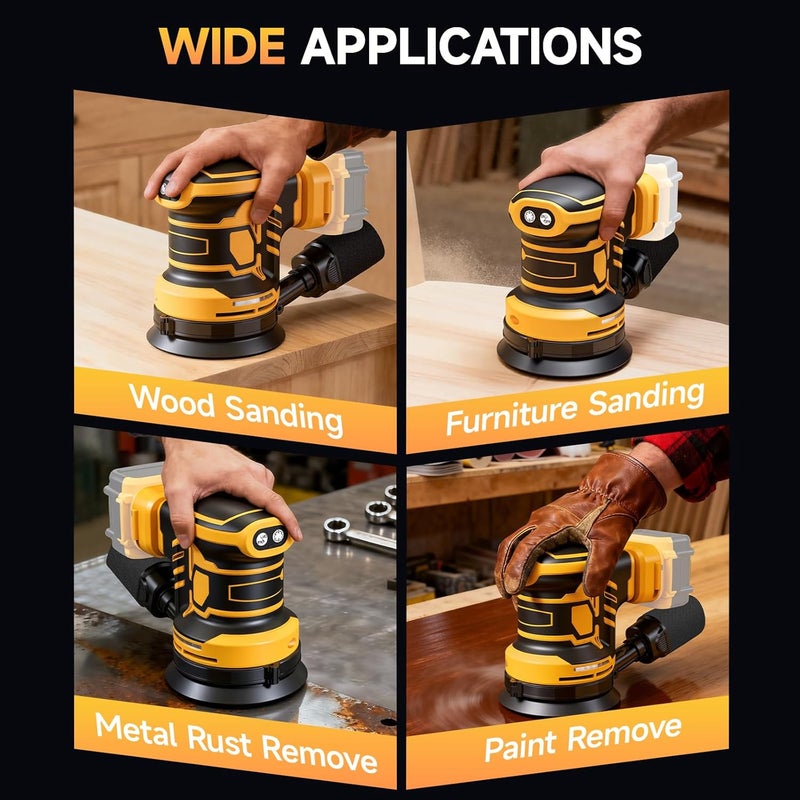 Labfintom Cordless Sander for De-Walt 20v Battery, Random Orbit Sanders Brushless Motor 5 Inch with 6 Variable Speed 9700-19000RPM, 20PCS Sanding Discs & Dust Collector, Electric Sander for Sanding (No Battery) - Image 5
